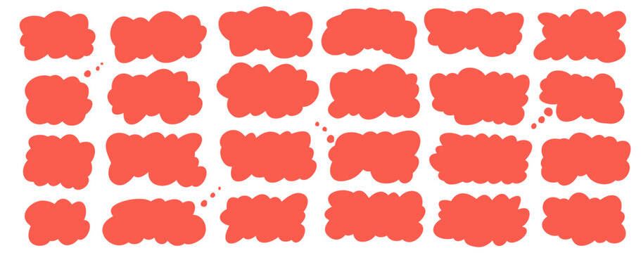 Red cloudy shapes set. Squishy text boxes with frame fluffy label. Wavy sticker promo badge with cute sale design. Doodle icon with think frame, background. Vector fluffy label shape for promo text.