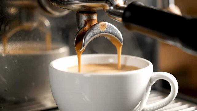 Freshly brewed espresso pouring into a white ceramic coffee cup.