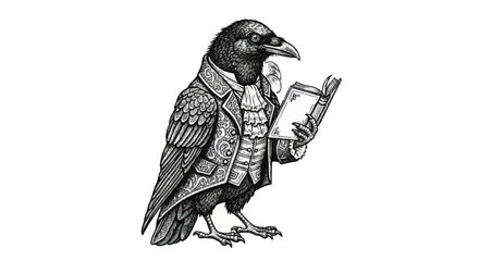 Fototapeta premium Intelligent Raven Dressed in Victorian Attire Reading a Book.