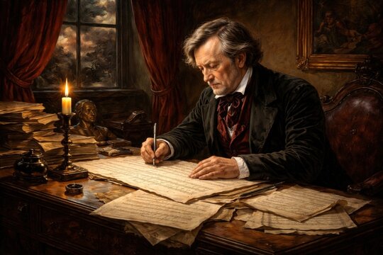 Composer writing by candlelight