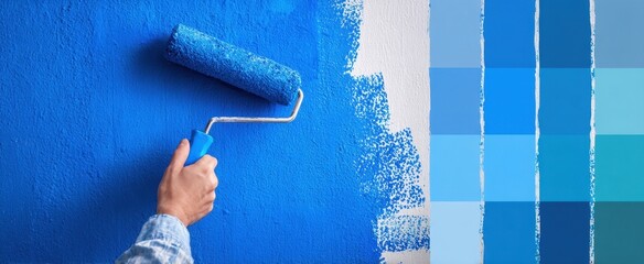 The paint roller applying vibrant blue paint to an interior wall with color swatches