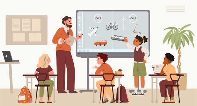 Primary school children during the lesson in modern classroom with smart board flat vector illustration. A lesson on ecology with modern technology at school.