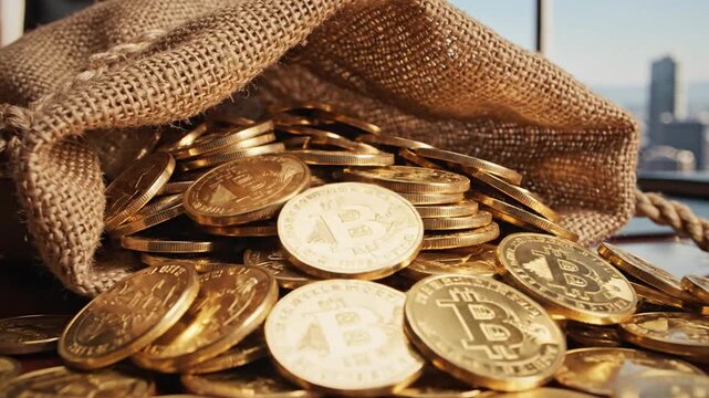 A burlap sack spills gold coins marked with Bitcoin logos on a table.