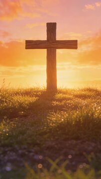 Vertical video: Rising sun casting golden light across grass hill with wooden cross, dew sparkling