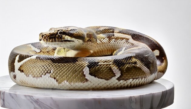 a stunning python coiled elegantly on a marble pedestal or white background
