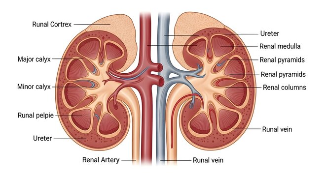 Color frontal section illustration of paired kidneys showing renal cortex, medulla, pyramids, renal columns, minor and major calyces, renal pelvis, ureters, renal artery and renal vein to demonstrate 
