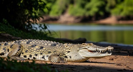 Fototapeta premium Crocodile basking on riverbank with open mouth