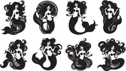 Naklejka premium Black Solid Art Nouveau Mermaid Shapes