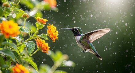 Fototapeta premium Hummingbird in flight sipping nectar on a rainy day