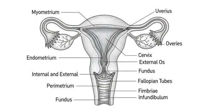 Black and white anterior anatomical drawing of the female uterus showing endometrium, myometrium, perimetrium, cervix with internal and external os, plus bilateral ovaries, fimbriae, infundibulum and 
