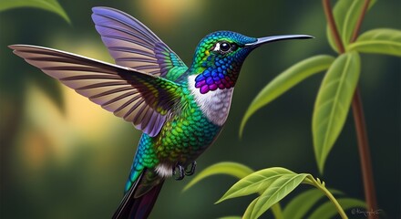 Fototapeta premium Vibrant hummingbird in flight amidst lush foliage