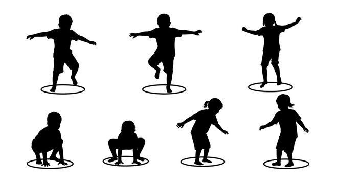 Children Silhouettes Exercising and Playing in Circles