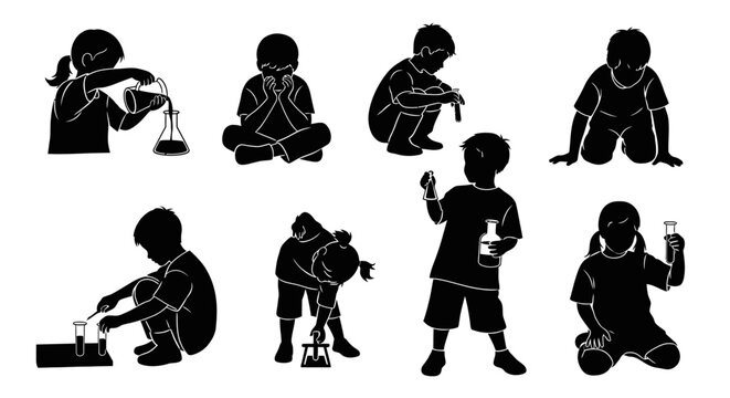 Children Silhouettes Engaged in Science Experiments, Exploring, Learning, and Discovering