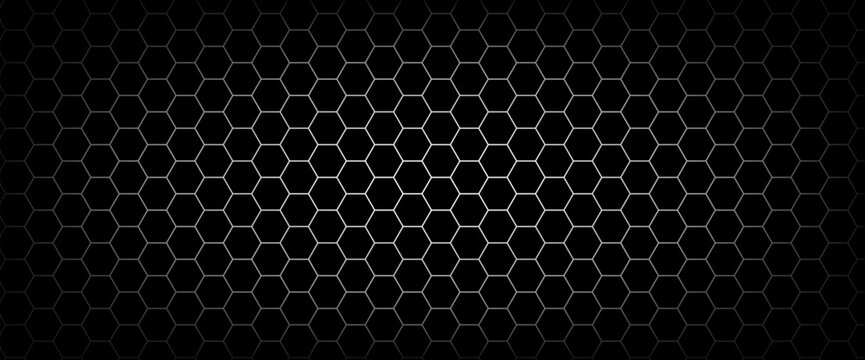 Fiber honeycomb gradient with carbon hexagon on black background for tech presentation. Large hex grid glows from a bright gradation at the center. Dark honeycomb vector background for bg design.