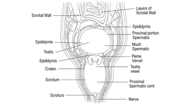 Black and white frontal illustration of the scrotum showing testes, epididymides, spermatic cord with vas deferens, pampiniform plexus, testicular vessels, layers of scrotal wall and nerves, demonstra