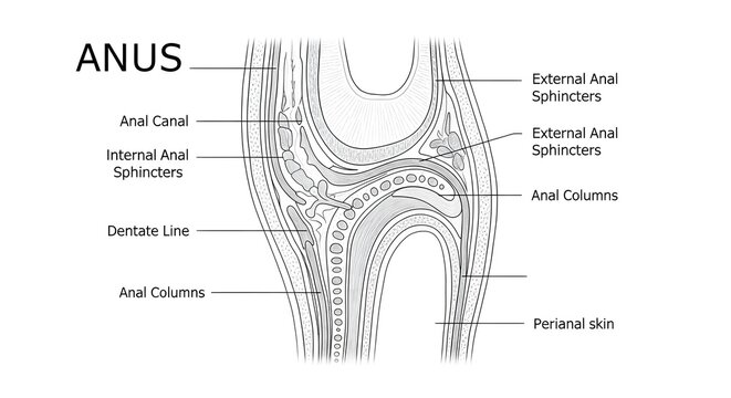 Black and white sagittal illustration of the anus showing anal canal lined by anal columns, internal and external anal sphincters, dentate line, perianal skin and surrounding tissues, emphasizing cont