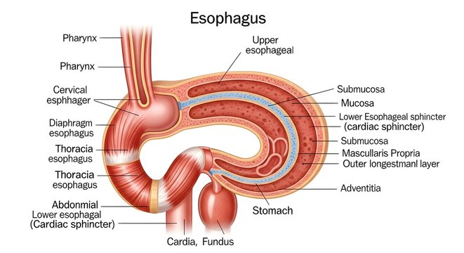 Color diagram of the esophagus showing cervical, thoracic and abdominal segments from pharynx to stomach with labeled mucosa, submucosa, muscularis propria, adventitia and lower esophageal sphincter d