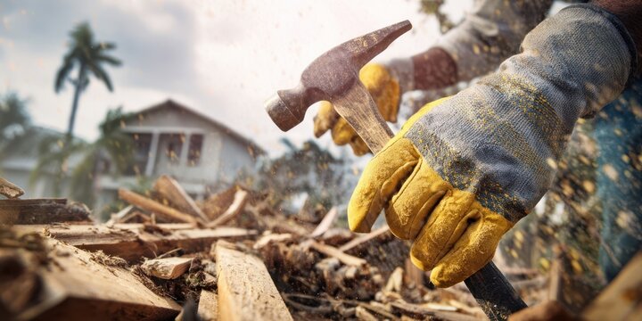 The hammer held by gloved hands demolishing wood debris during house renovation project