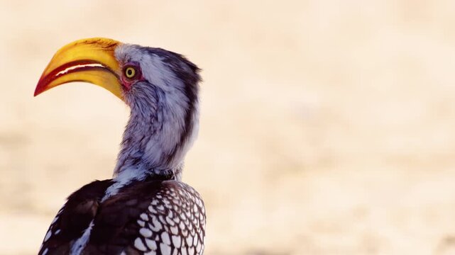 Curious Southern yellow-billed hornbill (Tockus leucomelas) in Chobe National Park, Botswana. Low point of view.