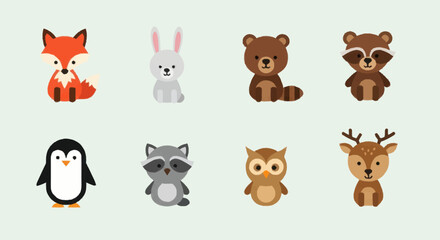 Fototapeta premium Collection of Cute Cartoon Forest Animals and Penguin.