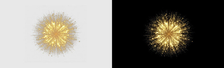 Brilliant golden starburst explosion and festive firework light burst featuring dense sparkling particles, isolated on transparent background, magic PNG graphic overlay © Pixora
