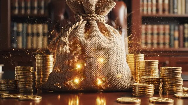 A video showcases a burlap sack filled with gold coins on a desk in a library.