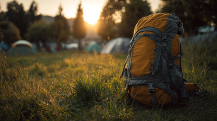 Naklejka premium Hiking backpack in campsite at sunset, outdoor adventure travel gear in mountain camping landscape