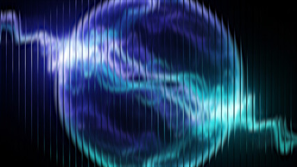 Stunning 3D abstract fractal glass sphere featuring ribbed texture and vibrant neon blue and purple light waves, ideal for tech, futuristic, or mystical designs.
