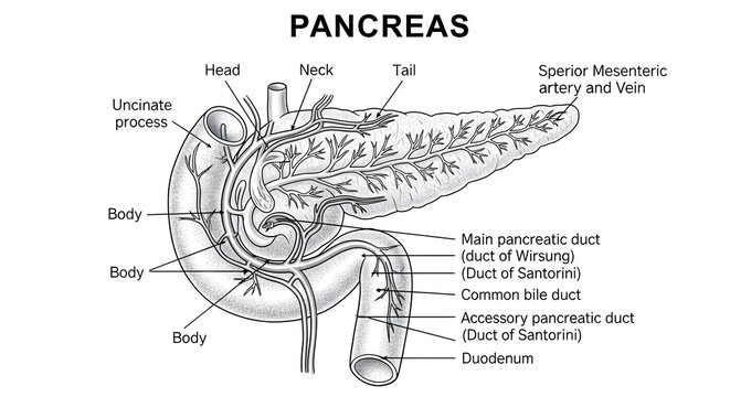Black and white anatomical diagram of the pancreas showing head, neck, body, tail and uncinate process with main pancreatic duct (duct of Wirsung), accessory duct, common bile duct and duodenal curvat