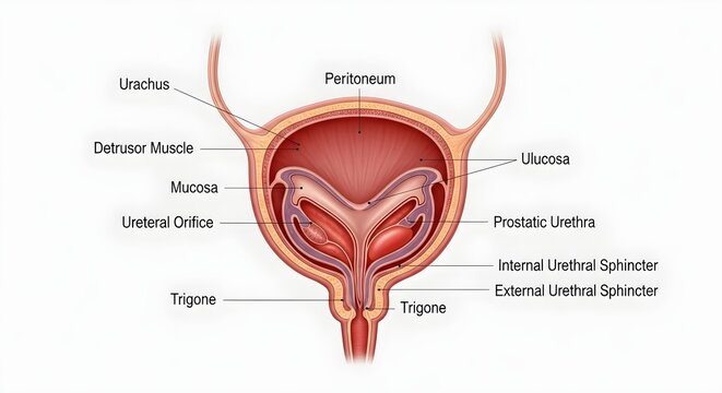 Color cross‑section illustration of the urinary bladder showing detrusor muscle, mucosa with rugae, ureteral orifices, trigone, prostatic urethra, and internal and external urethral sphincters forming