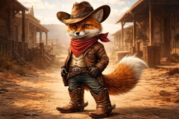 Fototapeta premium Fox cowboy in Western town