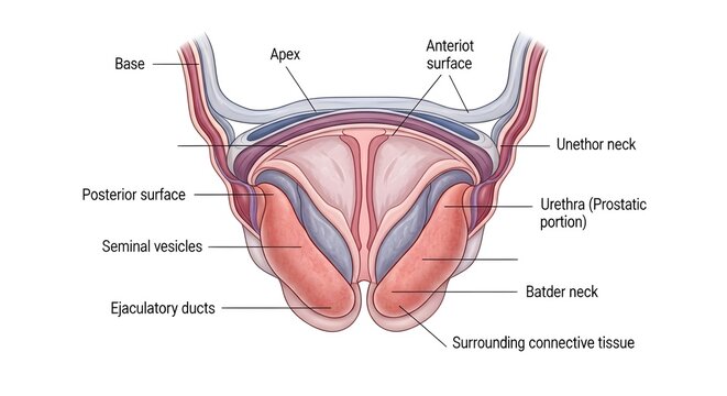 Color axial anatomical illustration of the prostate gland beneath the bladder showing base, apex, anterior and posterior surfaces, prostatic urethra, bladder neck, ejaculatory ducts, seminal vesicles 
