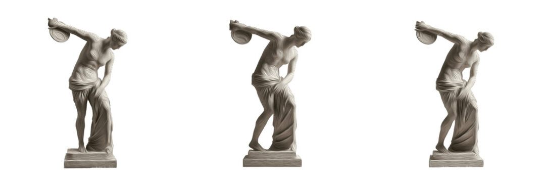 Set of three ancient Greek Discobolus statues of a discus thrower athlete isolated on white background
