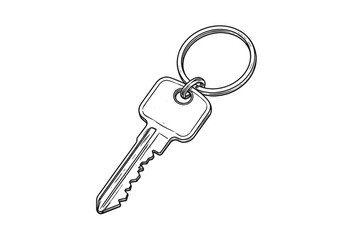 Black and white line art illustration of a metal key attached to a circular keyring, isolated on a white background with clean minimalist outline