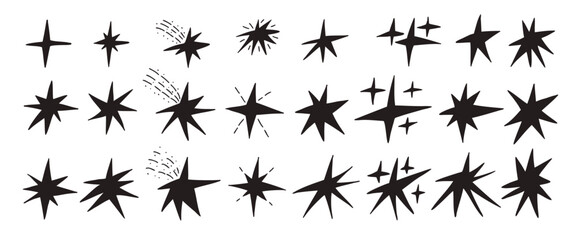 Stars falling silhouette. Hand drawn stardust. Twinkles spark black set. Handmade scribble magic twinkles collection. Kids celestial collage paper pieces blinks. Vector asterisk isolated no background © Syuzann q