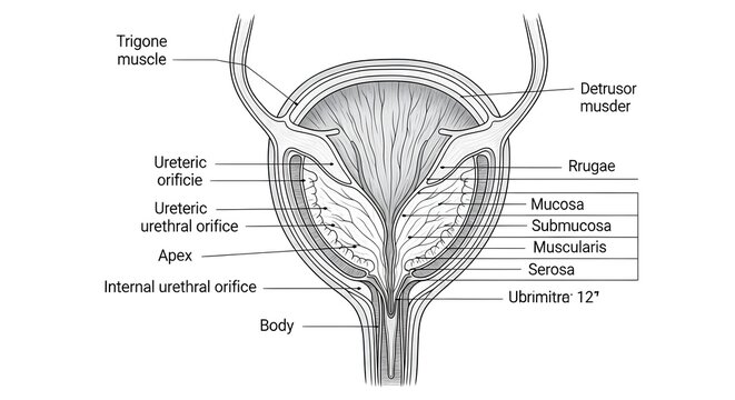 Black and white frontal section of the urinary bladder illustrating trigone, detrusor muscle, ureteric orifices, internal urethral orifice, rugae and histologic layers of mucosa, submucosa, muscularis
