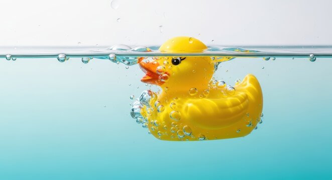Yellow rubber duck floating underwater with bubbles representing childhood toy bath fun playful concept and minimal aquatic scene