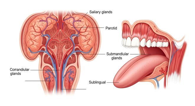 Anatomical illustration of major salivary glands showing parotid, submandibular and sublingual glands with ducts opening into the oral cavity, alongside tongue and teeth, highlighting structures respo
