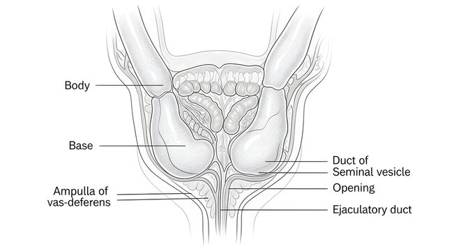 Black and white anterior illustration of male pelvis depicting paired seminal vesicles with body and base, ampulla of vas deferens and their ducts joining to form ejaculatory ducts that pass through t
