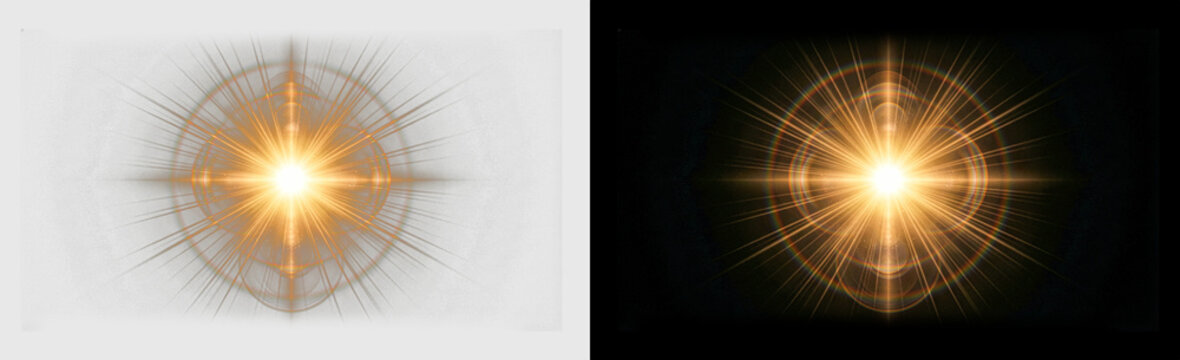 Glowing golden cross starburst and symmetrical nova light effect featuring a bright radiant halo and sparkling rays, isolated on transparent background, PNG graphic overlay