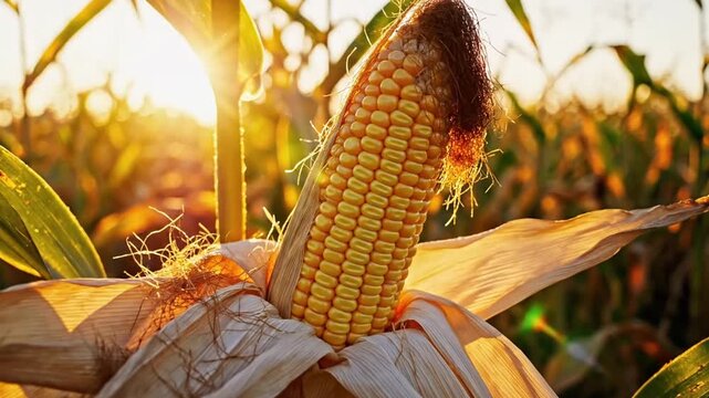 Golden corn on the cob in a field.