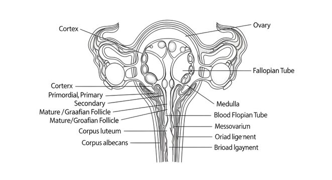 Detailed frontal line drawing of uterus and ovaries depicting cortex and medulla, primordial to Graafian follicles, corpus luteum and albicans, fallopian tubes, broad and ovarian ligaments and blood s