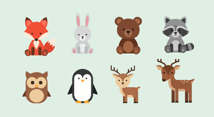Fototapeta premium Collection of Cute Cartoon Forest Animals and Birds.