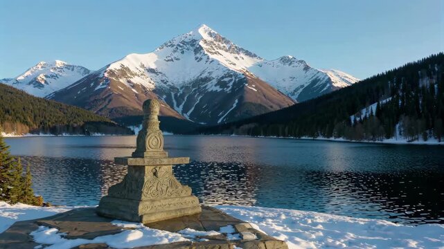 Snow-scenery stone tablet next to the snow-capped mountain lake