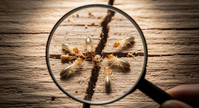 Magnifying glass revealing termite queen surrounded by workers and soldiers on split wood surface with detailed insect anatomy visible