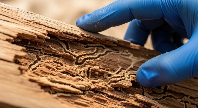 Blue gloved hand peeling back splintered wood revealing termite tunnels and damage patterns carved into brown timber during pest inspection
