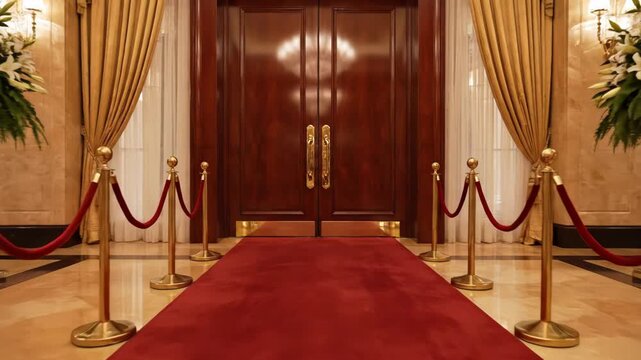 Luxurious red carpet entrance with golden stanchions and velvet ropes in elegant venue.