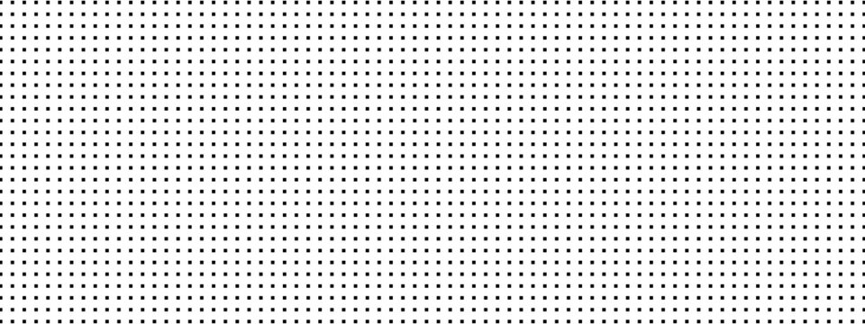 White screen LED digital dot pattern bg. Black pixel squares, specks, flecks on panel texture. Vector seamless grid. Billboard overlay for display wall design.