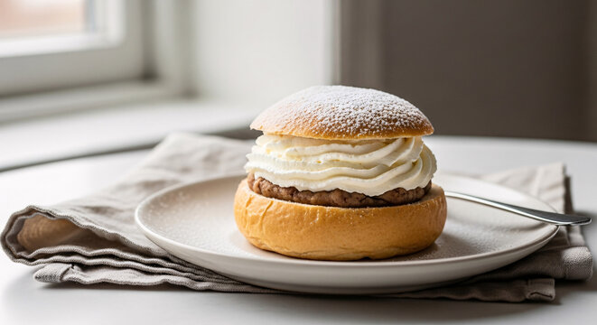 Traditional cream-filled semla pastry on a plate with powdered sugar and spoon