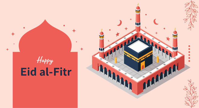 Landscape banner happy eid al-fitr with kabah illustration